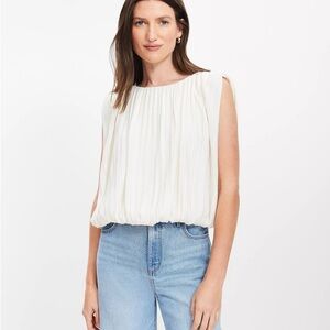 LOFT Ivory White Bubble Hem Pleated Blouse Sz S Cotton